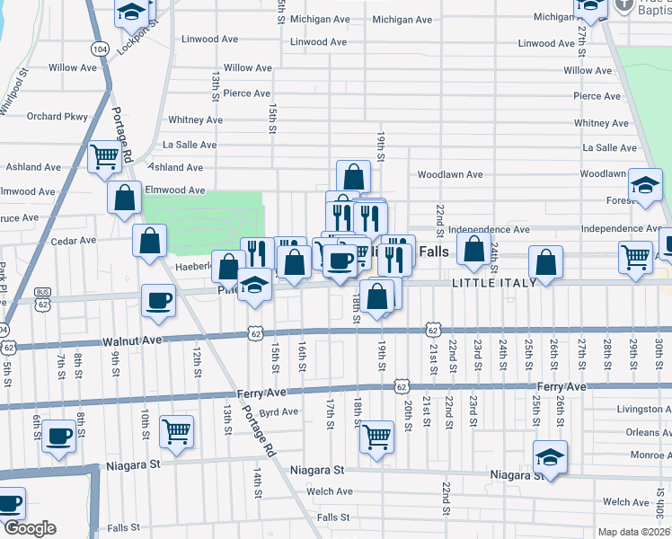 map of restaurants, bars, coffee shops, grocery stores, and more near 715 17th Street in Niagara Falls