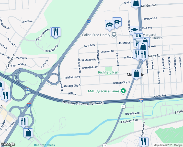 map of restaurants, bars, coffee shops, grocery stores, and more near 307 Richfield Boulevard in Syracuse