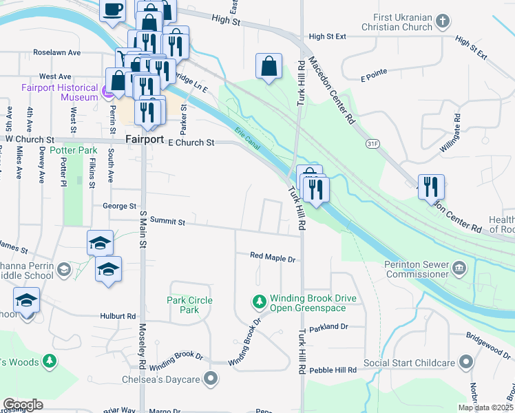map of restaurants, bars, coffee shops, grocery stores, and more near 4 Suffolk Street in Fairport