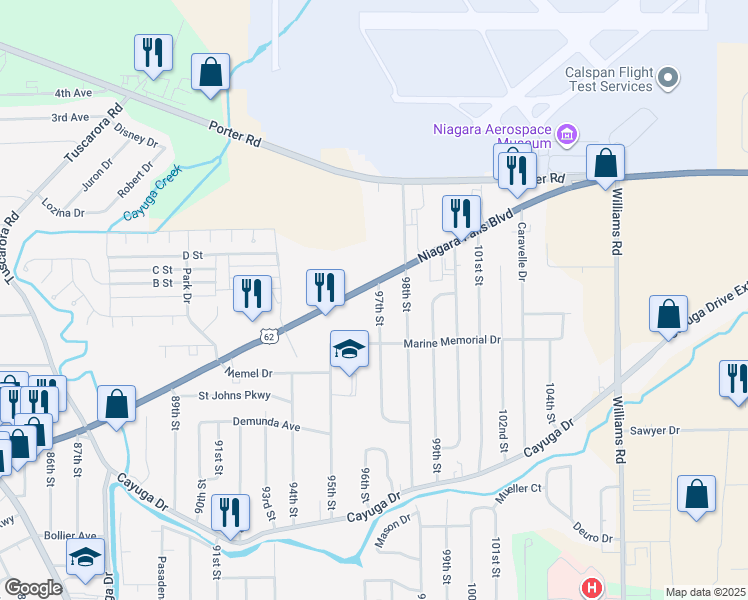 map of restaurants, bars, coffee shops, grocery stores, and more near 1613 97th Street in Niagara Falls