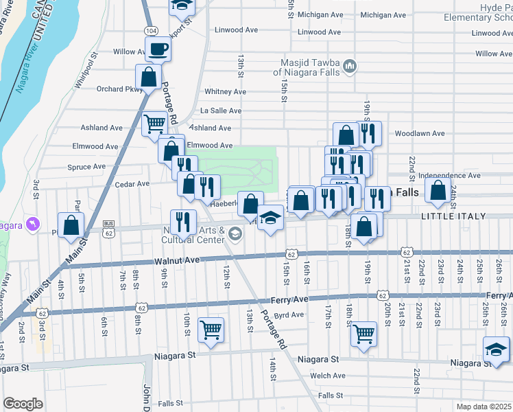 map of restaurants, bars, coffee shops, grocery stores, and more near 1404 Pine Avenue in Niagara Falls