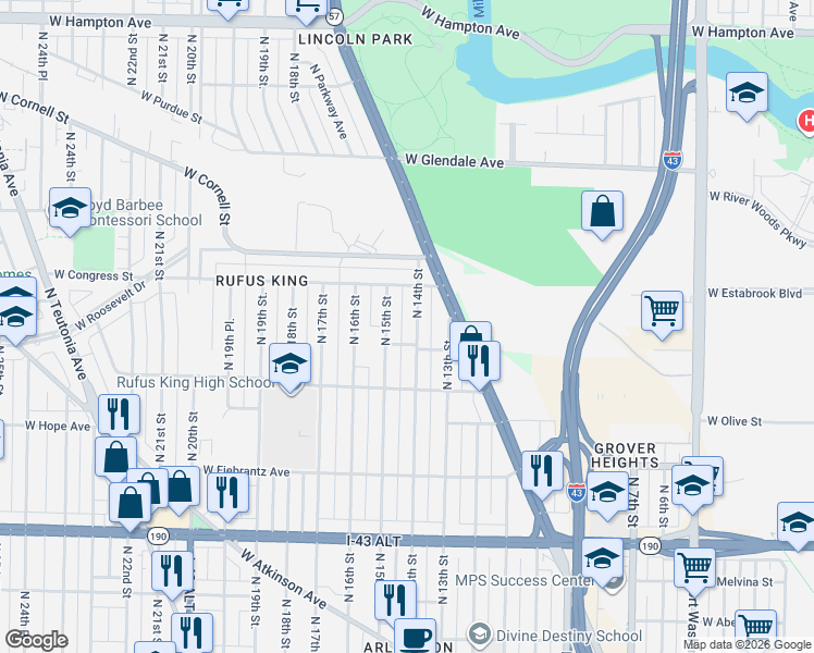 map of restaurants, bars, coffee shops, grocery stores, and more near 4249 North 14th Street in Milwaukee