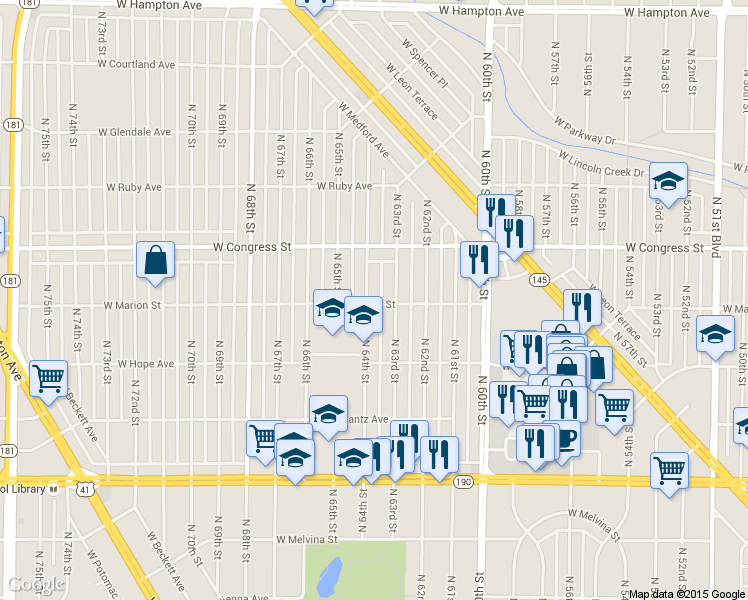 map of restaurants, bars, coffee shops, grocery stores, and more near 4260 North 64th Street in Milwaukee