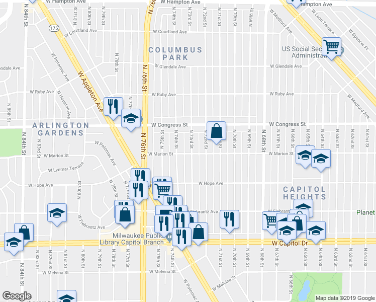 map of restaurants, bars, coffee shops, grocery stores, and more near 4267 North 73rd Street in Milwaukee