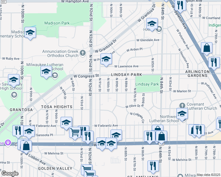 map of restaurants, bars, coffee shops, grocery stores, and more near 8907 West Marion Street in Milwaukee