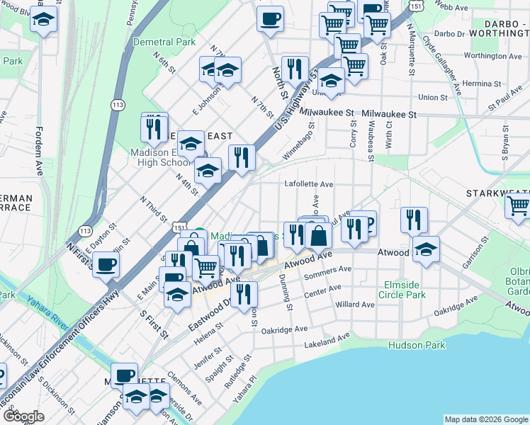 map of restaurants, bars, coffee shops, grocery stores, and more near 205 Division Street in Madison