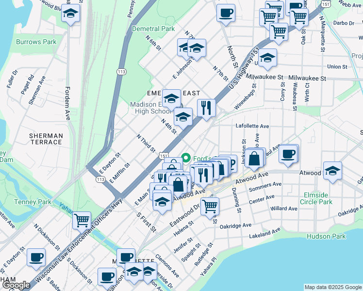 map of restaurants, bars, coffee shops, grocery stores, and more near 2134 Winnebago Street in Madison