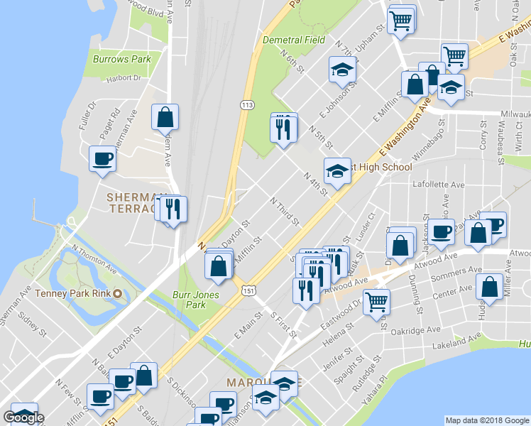 map of restaurants, bars, coffee shops, grocery stores, and more near 2026 East Mifflin Street in Madison