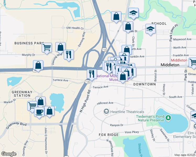 map of restaurants, bars, coffee shops, grocery stores, and more near 7714 Terrace Avenue in Middleton
