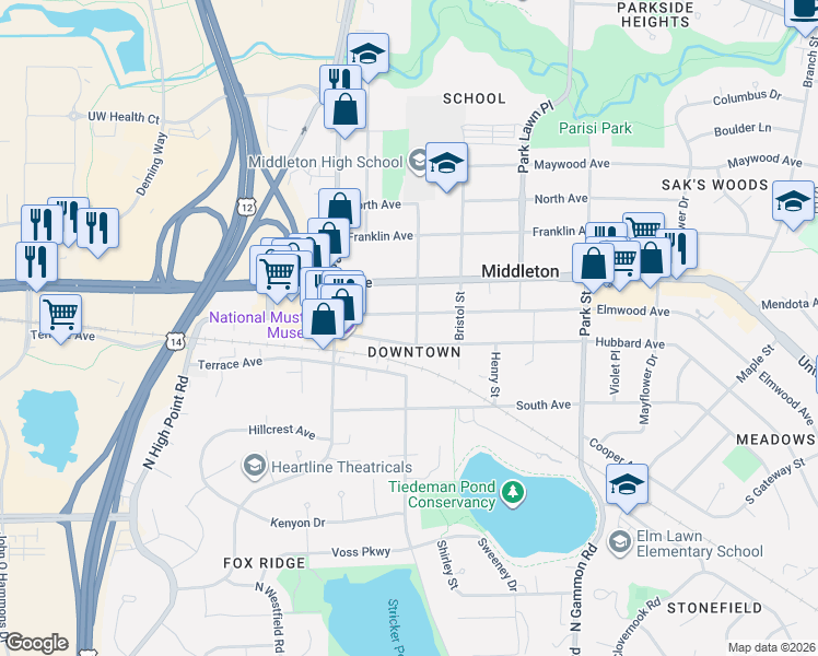 map of restaurants, bars, coffee shops, grocery stores, and more near in Middleton