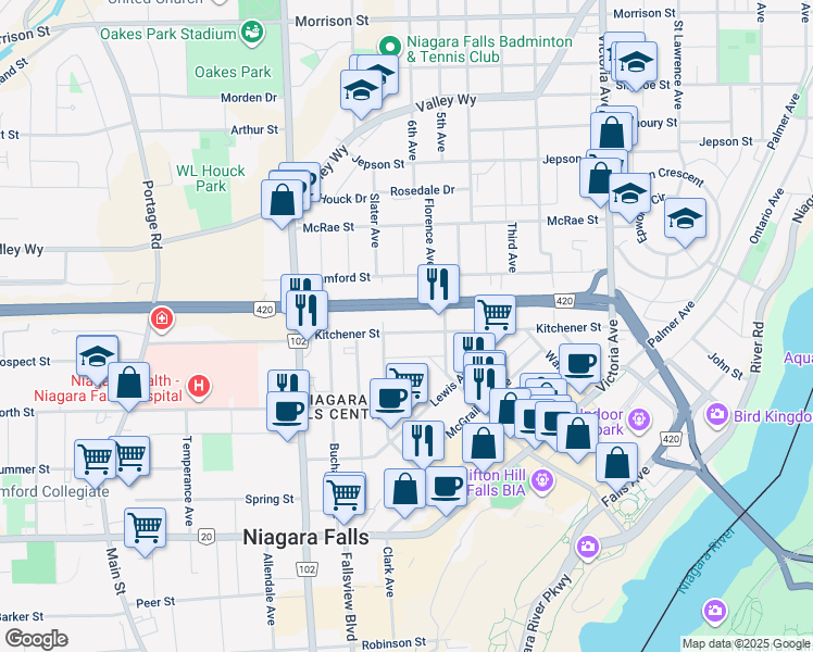 map of restaurants, bars, coffee shops, grocery stores, and more near 5241 Kitchener Street in Niagara Falls