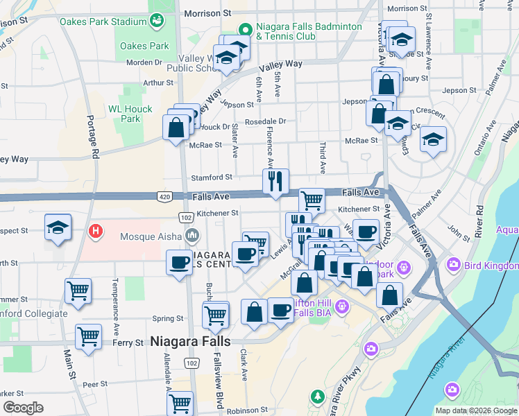 map of restaurants, bars, coffee shops, grocery stores, and more near 5227 Kitchener Street in Niagara Falls