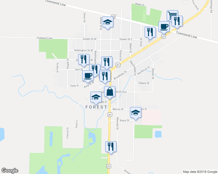 map of restaurants, bars, coffee shops, grocery stores, and more near 14 Main Street South in Lambton Shores