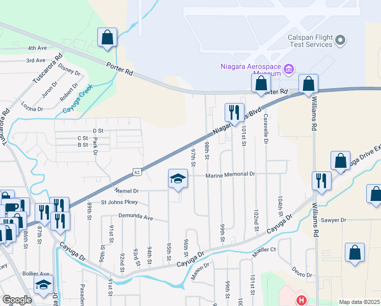 map of restaurants, bars, coffee shops, grocery stores, and more near 1613 97th Street in Niagara Falls