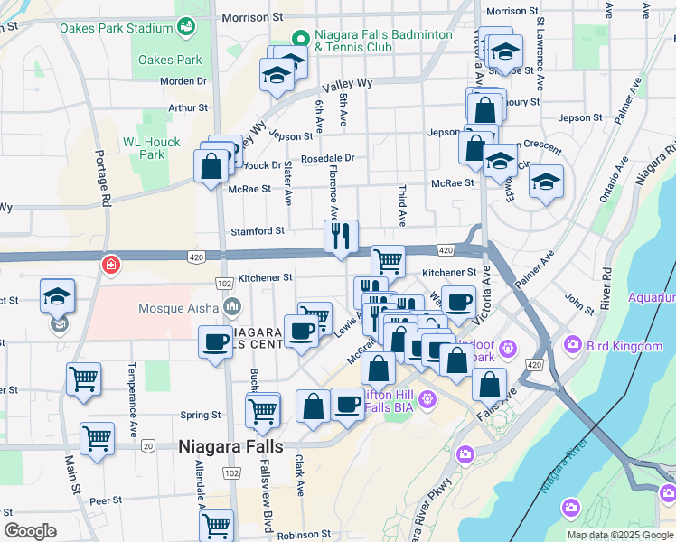 map of restaurants, bars, coffee shops, grocery stores, and more near 5177 Kitchener Street in Niagara Falls