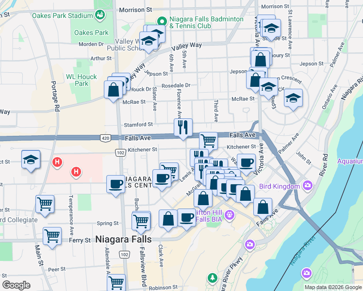 map of restaurants, bars, coffee shops, grocery stores, and more near 5177 Kitchener Street in Niagara Falls