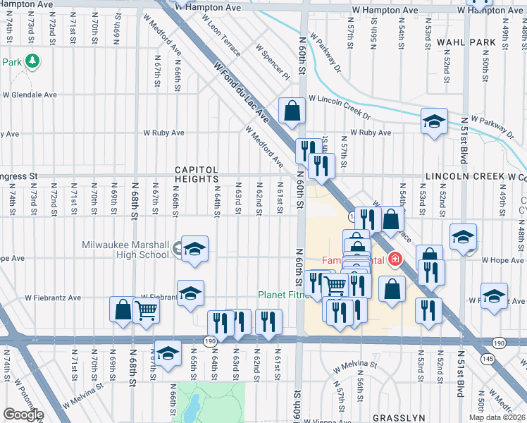 map of restaurants, bars, coffee shops, grocery stores, and more near 4302 North 62nd Street in Milwaukee