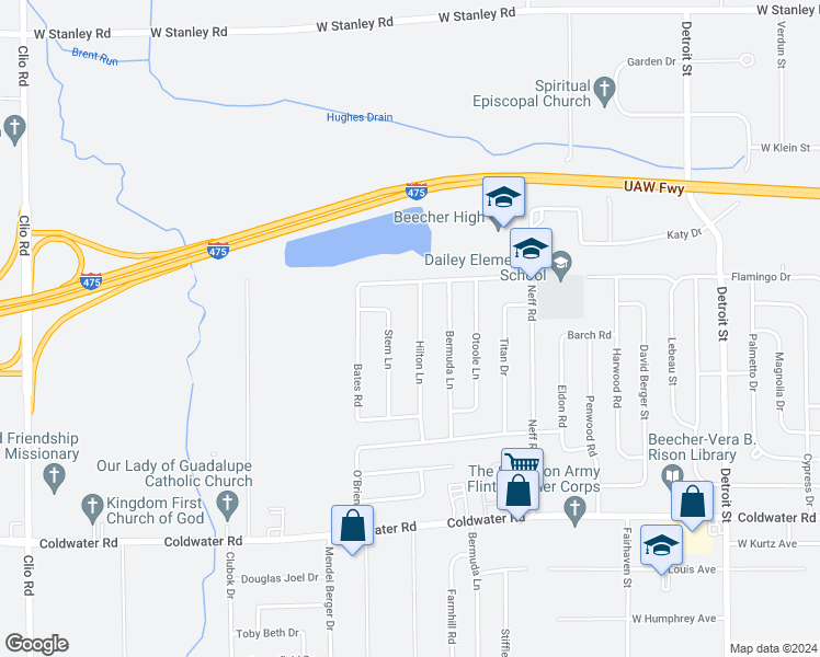 map of restaurants, bars, coffee shops, grocery stores, and more near 6176 Stem Lane in Mount Morris