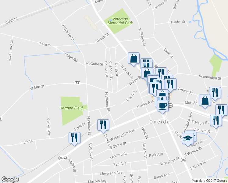 map of restaurants, bars, coffee shops, grocery stores, and more near 308 West Elm Street in Oneida