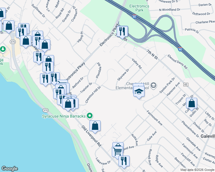 map of restaurants, bars, coffee shops, grocery stores, and more near 104 Chestnut Heights Drive in Liverpool