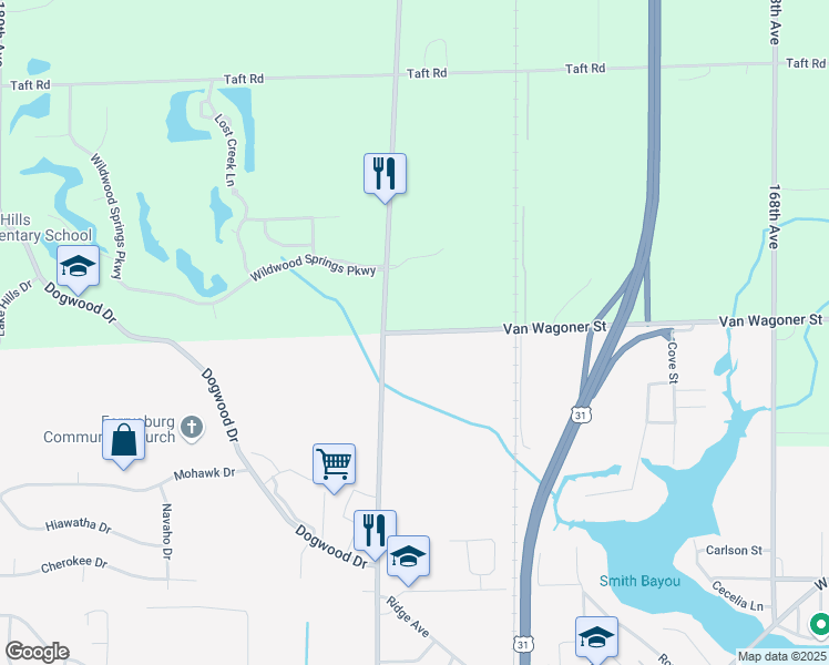 map of restaurants, bars, coffee shops, grocery stores, and more near 17357 Van Wagoner Street in Spring Lake