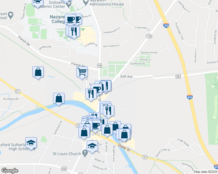 map of restaurants, bars, coffee shops, grocery stores, and more near 8 Washington Road in Pittsford