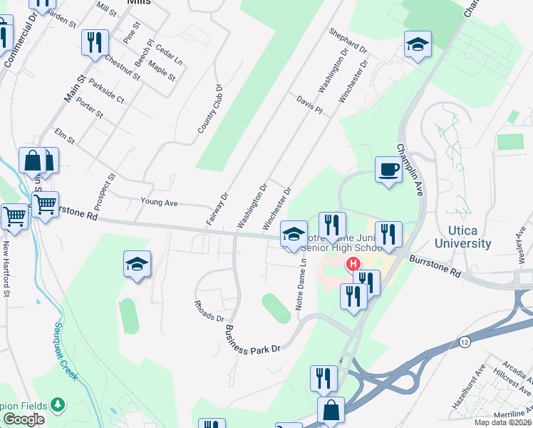 map of restaurants, bars, coffee shops, grocery stores, and more near 1764 Burrstone Road in New Hartford