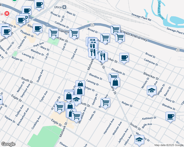 map of restaurants, bars, coffee shops, grocery stores, and more near 705 Lansing St in Utica
