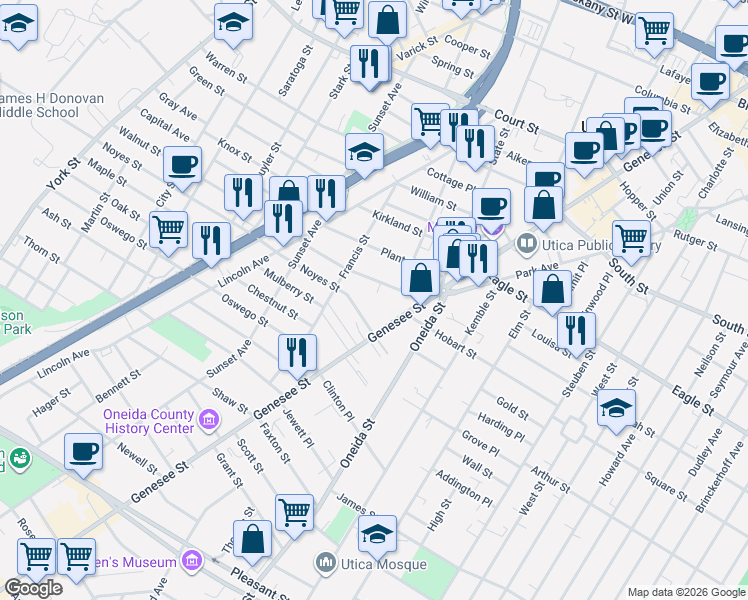 map of restaurants, bars, coffee shops, grocery stores, and more near 3 Noyes Street in Utica