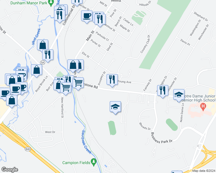 map of restaurants, bars, coffee shops, grocery stores, and more near 50 Burrstone Road in New York Mills