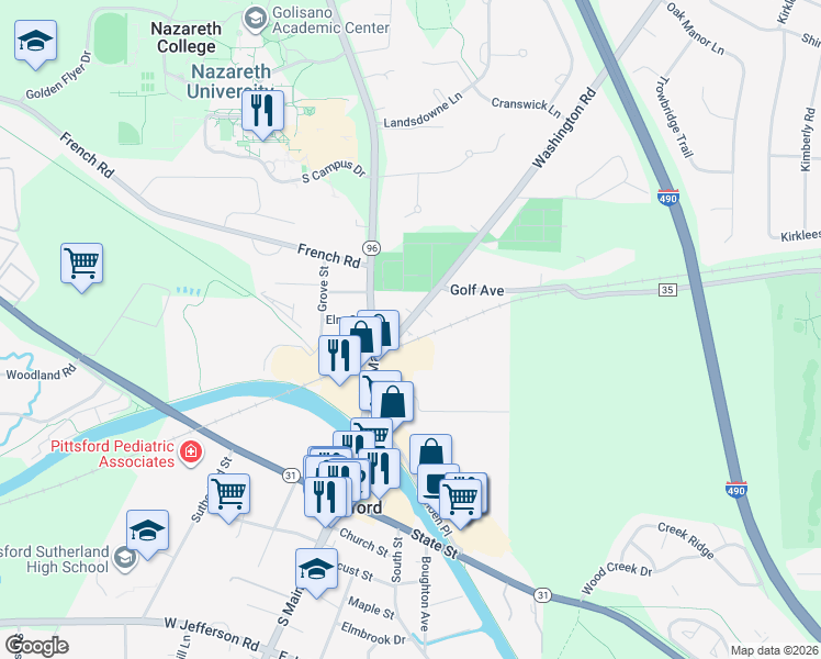 map of restaurants, bars, coffee shops, grocery stores, and more near 60 North Main Street in Pittsford