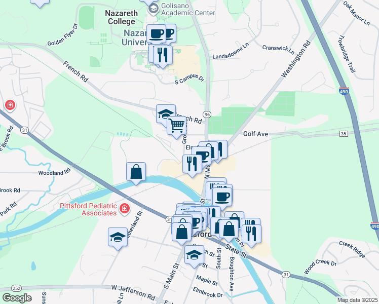 map of restaurants, bars, coffee shops, grocery stores, and more near 2 Grove Street in Pittsford