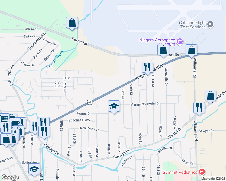 map of restaurants, bars, coffee shops, grocery stores, and more near 9505 Niagara Falls Boulevard in Niagara Falls