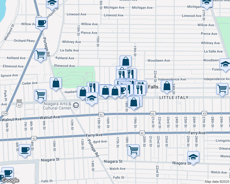 map of restaurants, bars, coffee shops, grocery stores, and more near 1615 Pine Avenue in Niagara Falls