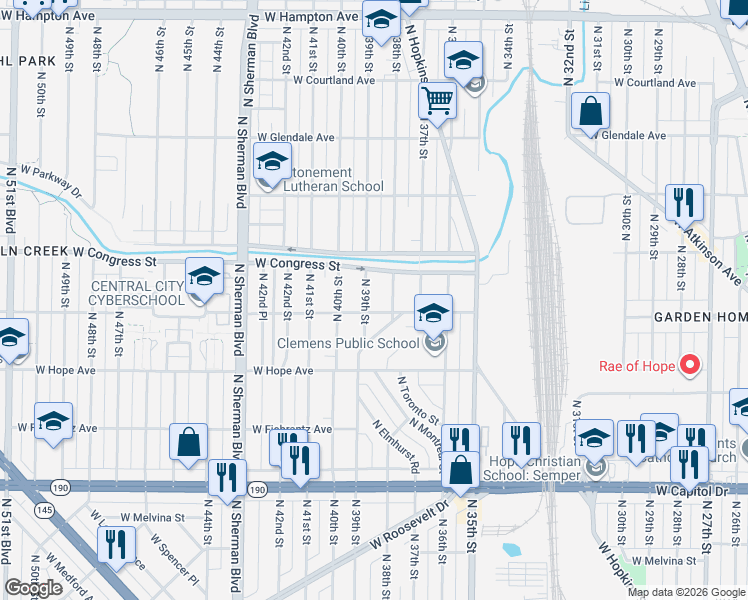 map of restaurants, bars, coffee shops, grocery stores, and more near 4270 North 39th Street in Milwaukee