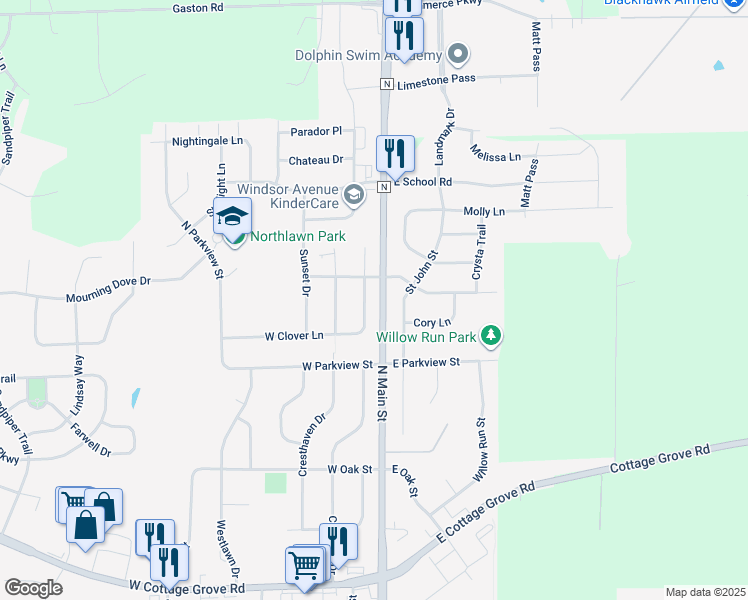 map of restaurants, bars, coffee shops, grocery stores, and more near 801 North Clover Lane in Cottage Grove