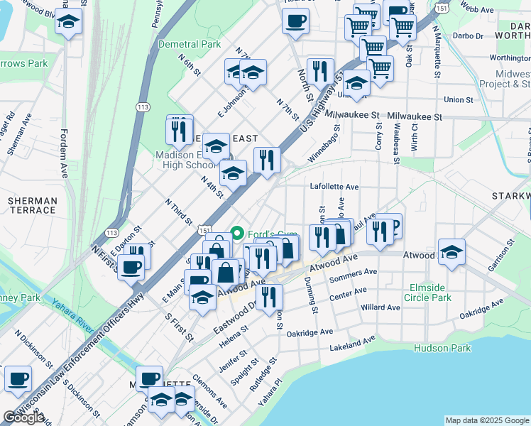 map of restaurants, bars, coffee shops, grocery stores, and more near 2134 Rusk Street in Madison