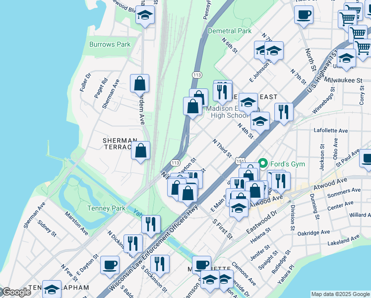map of restaurants, bars, coffee shops, grocery stores, and more near 1915 East Johnson Street in Madison
