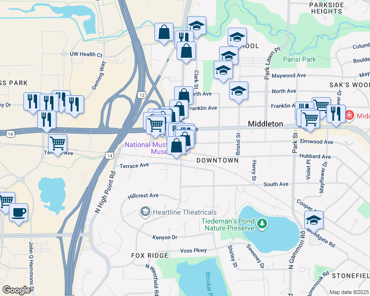 map of restaurants, bars, coffee shops, grocery stores, and more near 1811 Parmenter Street in Middleton