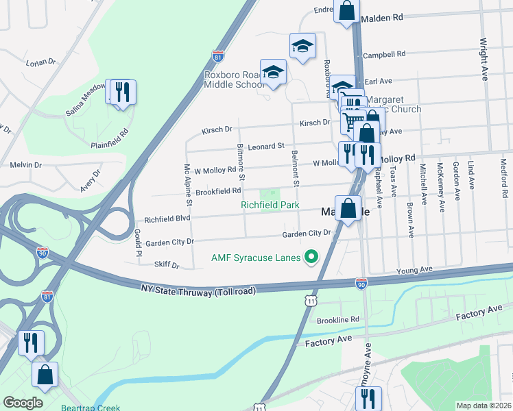 map of restaurants, bars, coffee shops, grocery stores, and more near 233 Richfield Boulevard in Syracuse