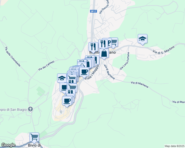 map of restaurants, bars, coffee shops, grocery stores, and more near Viale I Maggio in Montepulciano