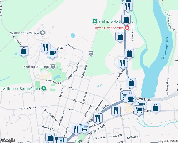map of restaurants, bars, coffee shops, grocery stores, and more near 101 Bryan Street in Saratoga Springs