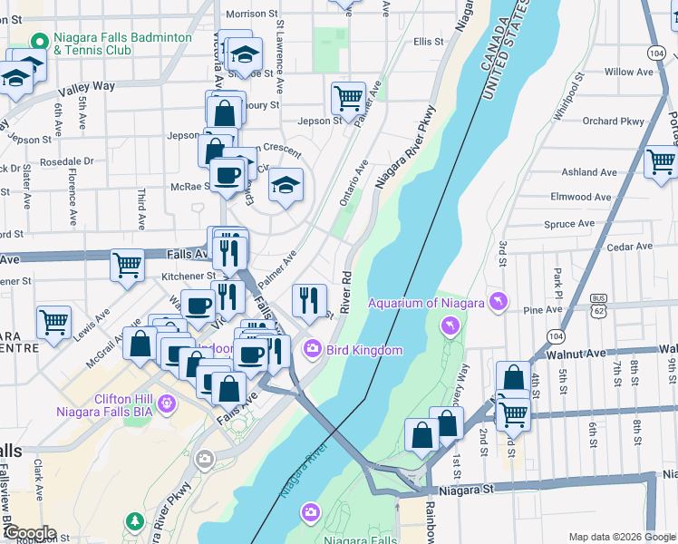 map of restaurants, bars, coffee shops, grocery stores, and more near 4434 Philip Street in Niagara Falls