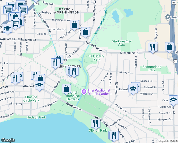 map of restaurants, bars, coffee shops, grocery stores, and more near 3430 Dawes Street in Madison