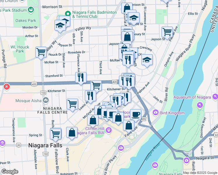 map of restaurants, bars, coffee shops, grocery stores, and more near 4951 Kitchener Street in Niagara Falls
