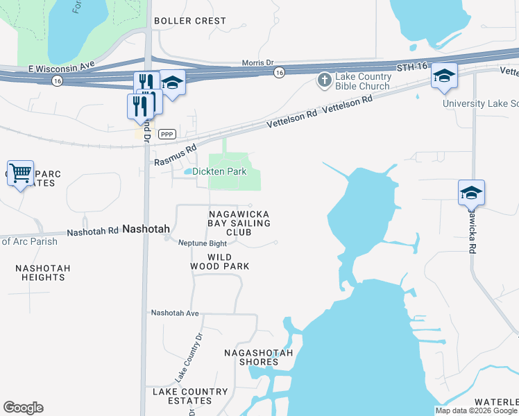 map of restaurants, bars, coffee shops, grocery stores, and more near N42W32684 Regatta Court in Nashotah