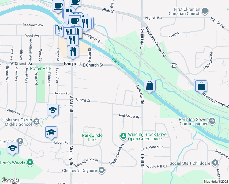 map of restaurants, bars, coffee shops, grocery stores, and more near 13 Monroe Street in Fairport