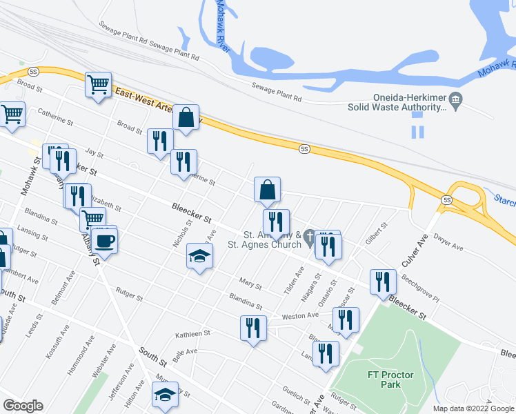 map of restaurants, bars, coffee shops, grocery stores, and more near 1202 Catherine Street in Utica