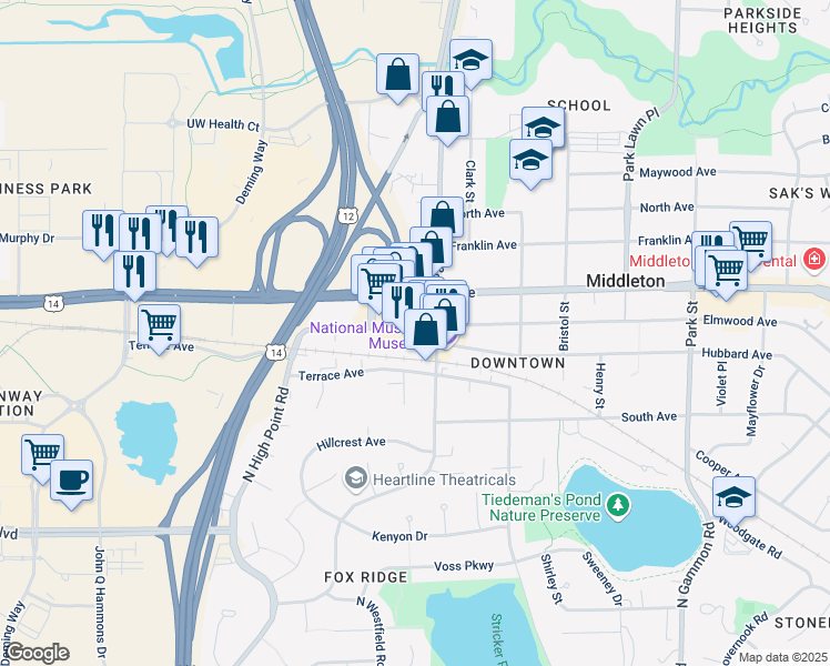 map of restaurants, bars, coffee shops, grocery stores, and more near 7515 University Avenue in Middleton