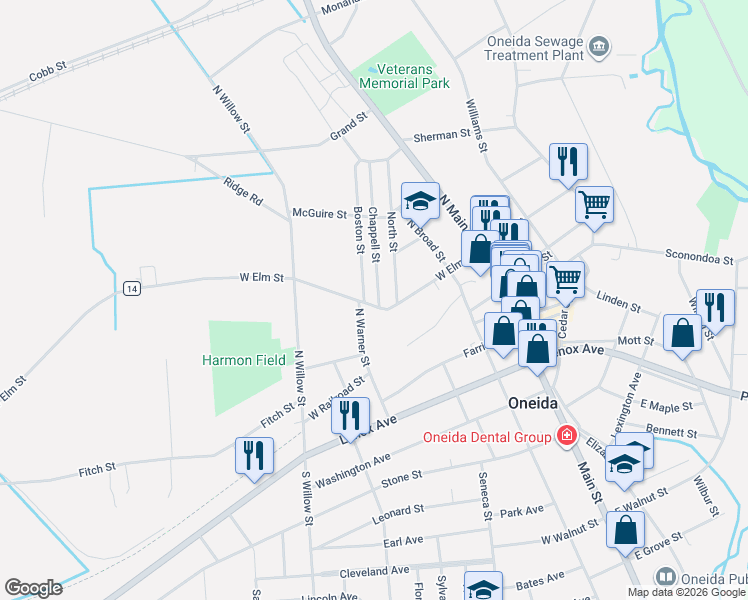 map of restaurants, bars, coffee shops, grocery stores, and more near 214 Boston Street in Oneida